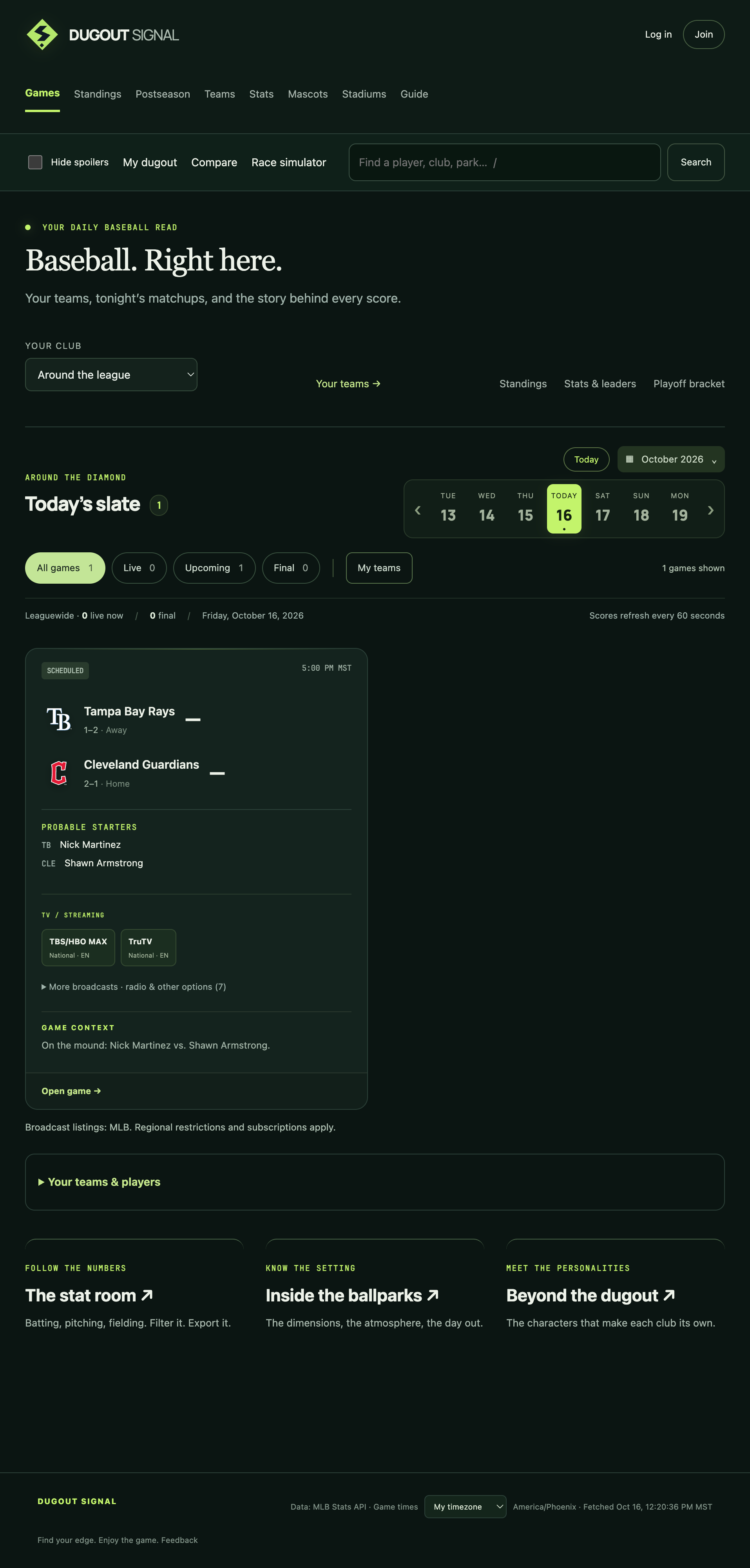 Dugout Signal homepage showing daily matchups and game information.