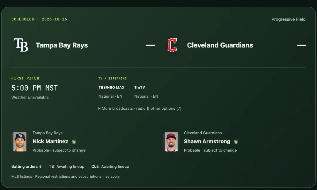 Rays versus Guardians game-day card showing first pitch, broadcasts, and starting pitchers